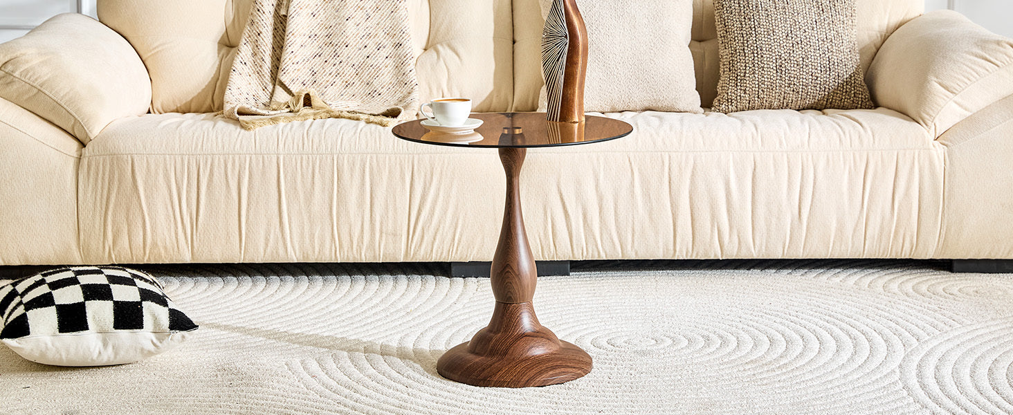 Round side table brown glass top top-down diameter view
