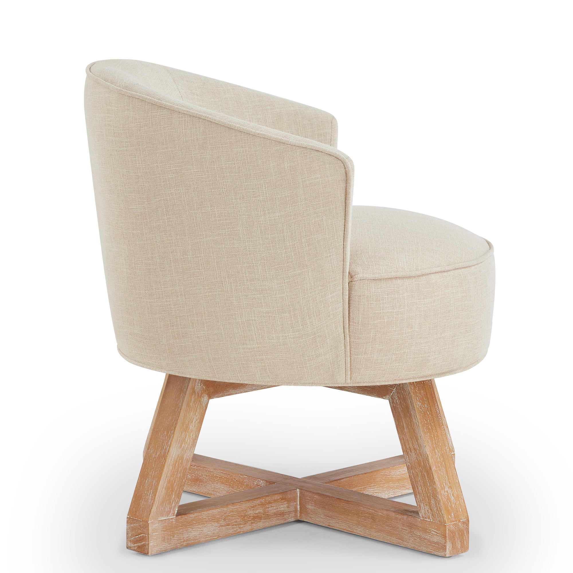 Beige linen upholstery accent chair angle view