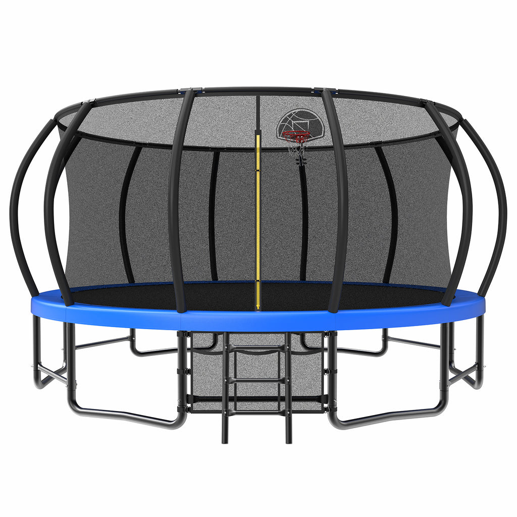 Blue 16-foot pumpkin-shaped trampoline with safety enclosure — front view