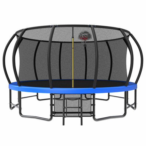 Blue 16-foot pumpkin-shaped trampoline with safety enclosure — front view