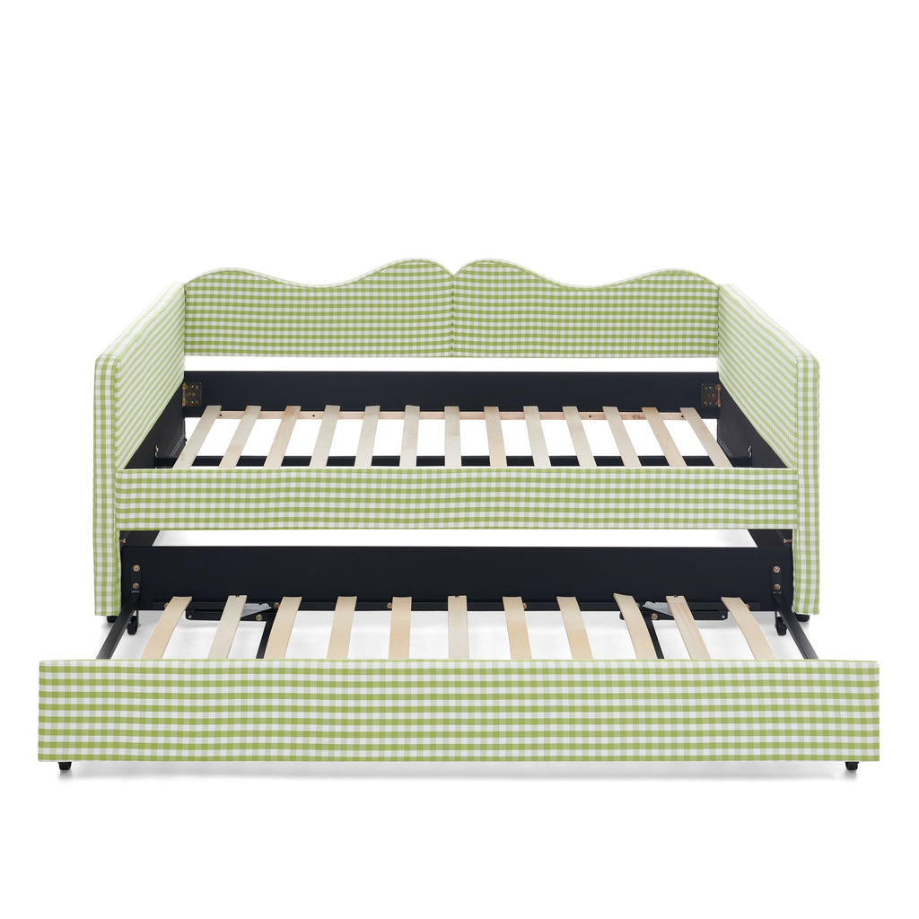 Full‑Size Daybed,Gingham Upholstered Daybed Equipped with Pull-Out Trundle Bed Frame & Side Storage Pocket, Solid Wood Frame Multi-Functional Sofa Bed for Kids Room & Guest Bedroom-PINK