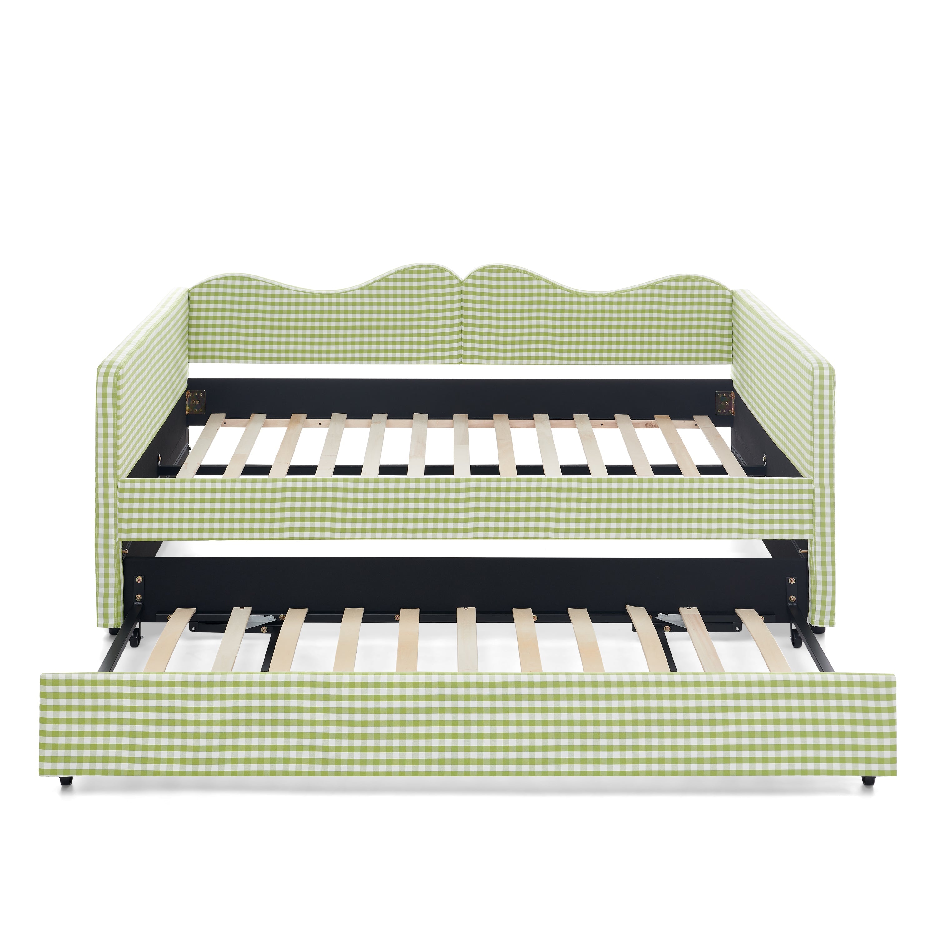 Full‑Size Daybed,Gingham Upholstered Daybed Equipped with Pull-Out Trundle Bed Frame & Side Storage Pocket, Solid Wood Frame Multi-Functional Sofa Bed for Kids Room & Guest Bedroom-PINK