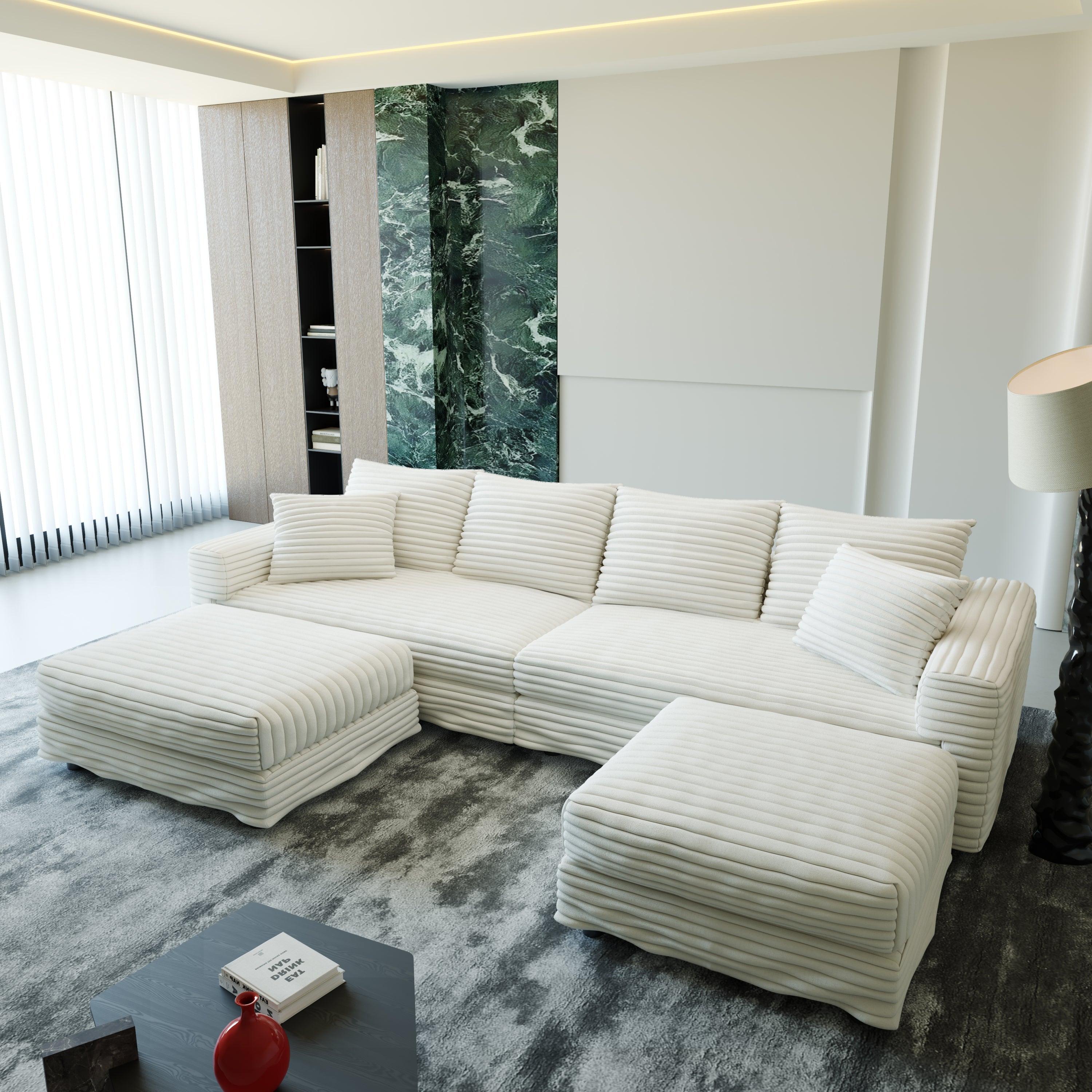 102.4 'Plush Corduroy 4-Seat Sofa,Modern Comfy Upholstered Sofa Cloud Couch,Deep Seat Couches with Soft Pillows and 3 Ottomans,Convertible Sofa Lounge Chair,Black(Old SKU:W1885S00287)
