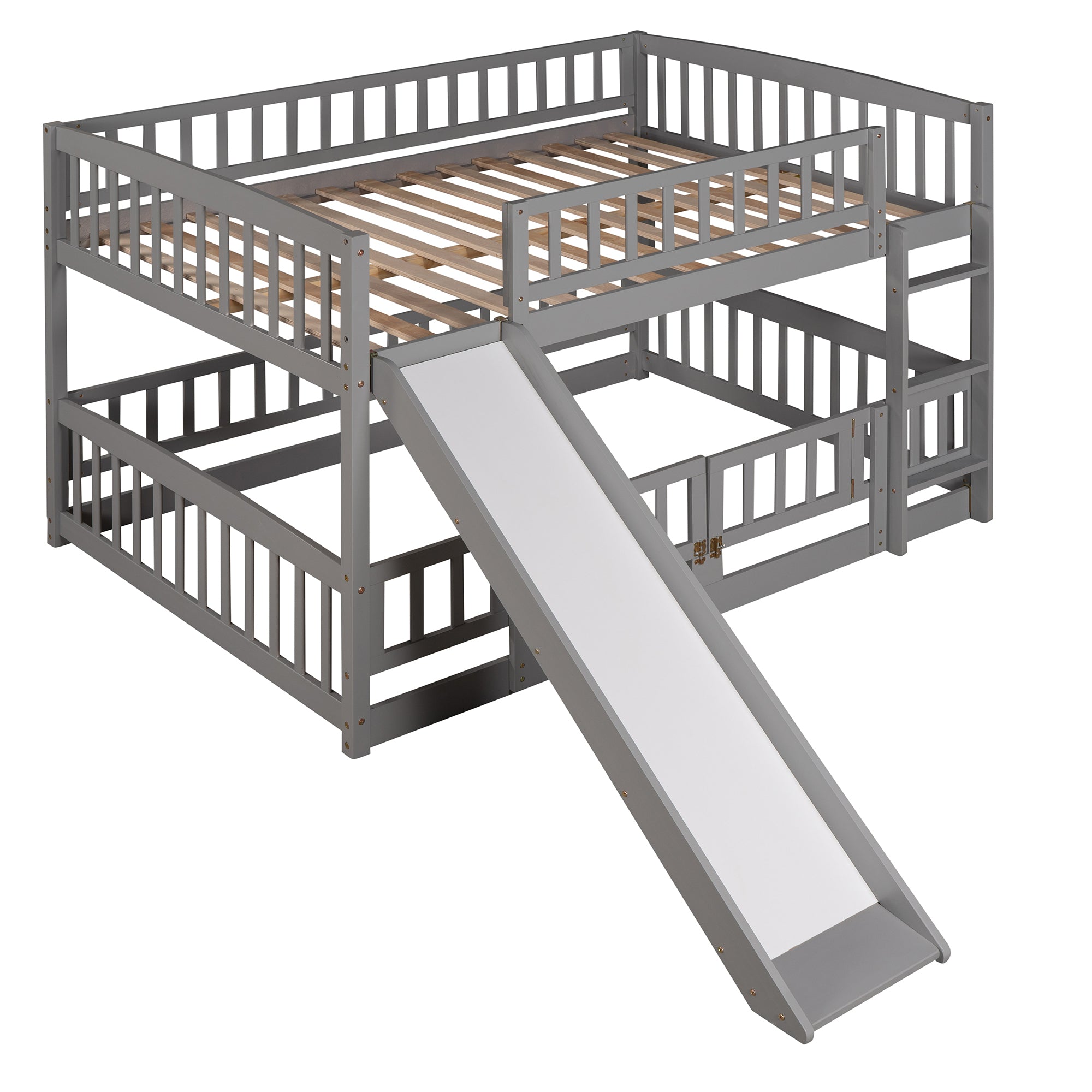 Gray bunk bed detachable fence and under-bed enclosure detail