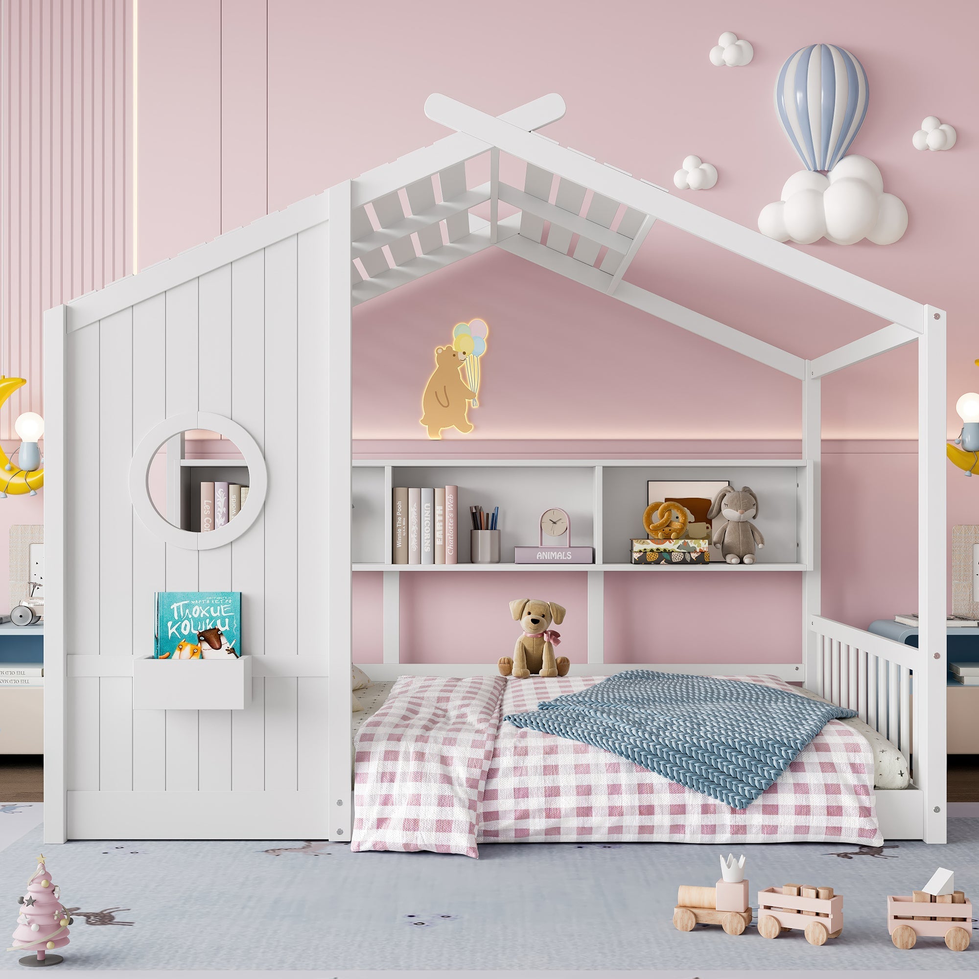 Full Size Floor House Bed for Toddler, Kids Montessori Bed with Storage Shelf, Playhouse Bed with Roof Design, Gray