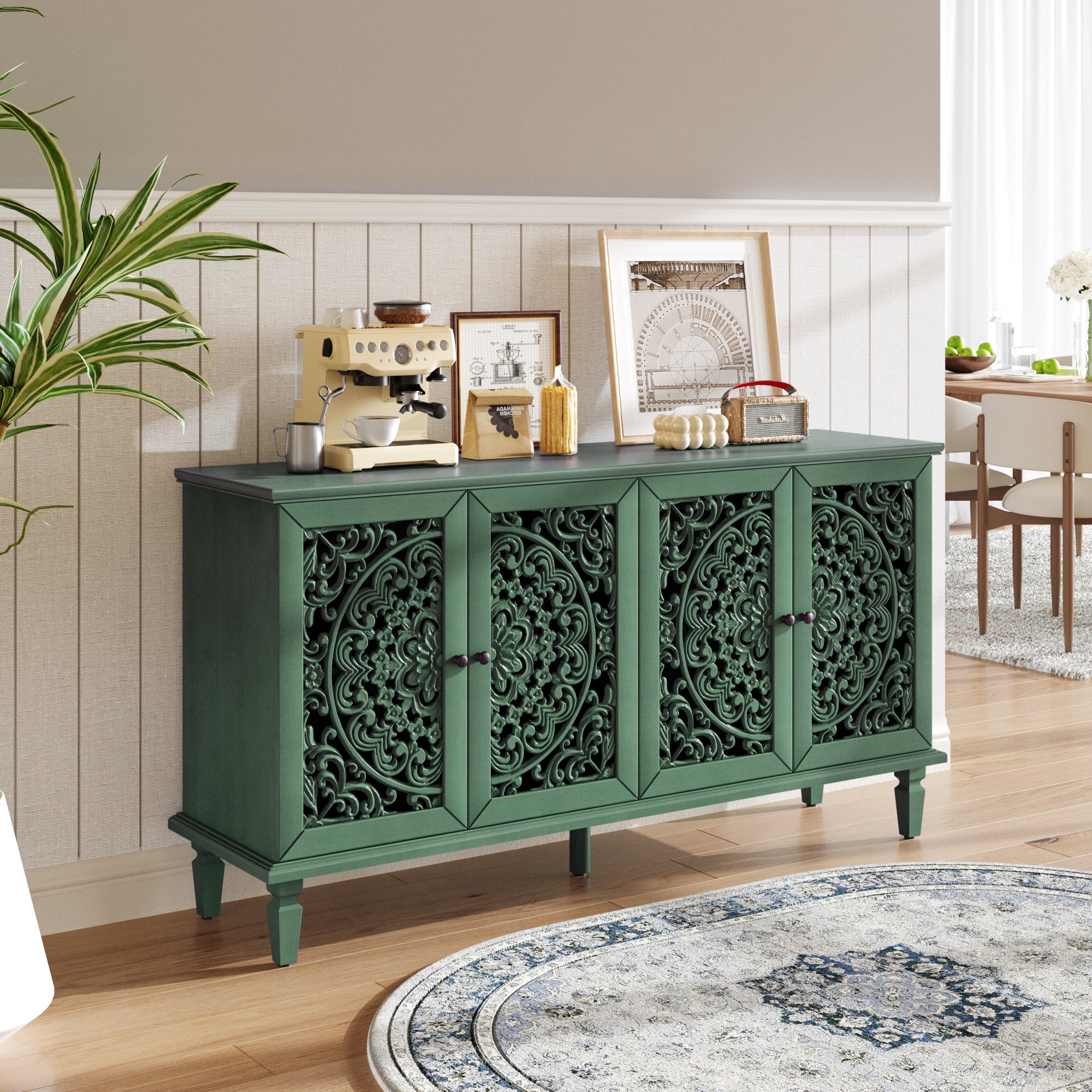 60' Antique Buffet Cabinet with Floral Carvings with Solid Wood Legs&Antique Brass Handles&Adjustable Shelves, TV Stand for 65''+ TV, Sideboard for Living Room,Dining Room (Antique Grey White)