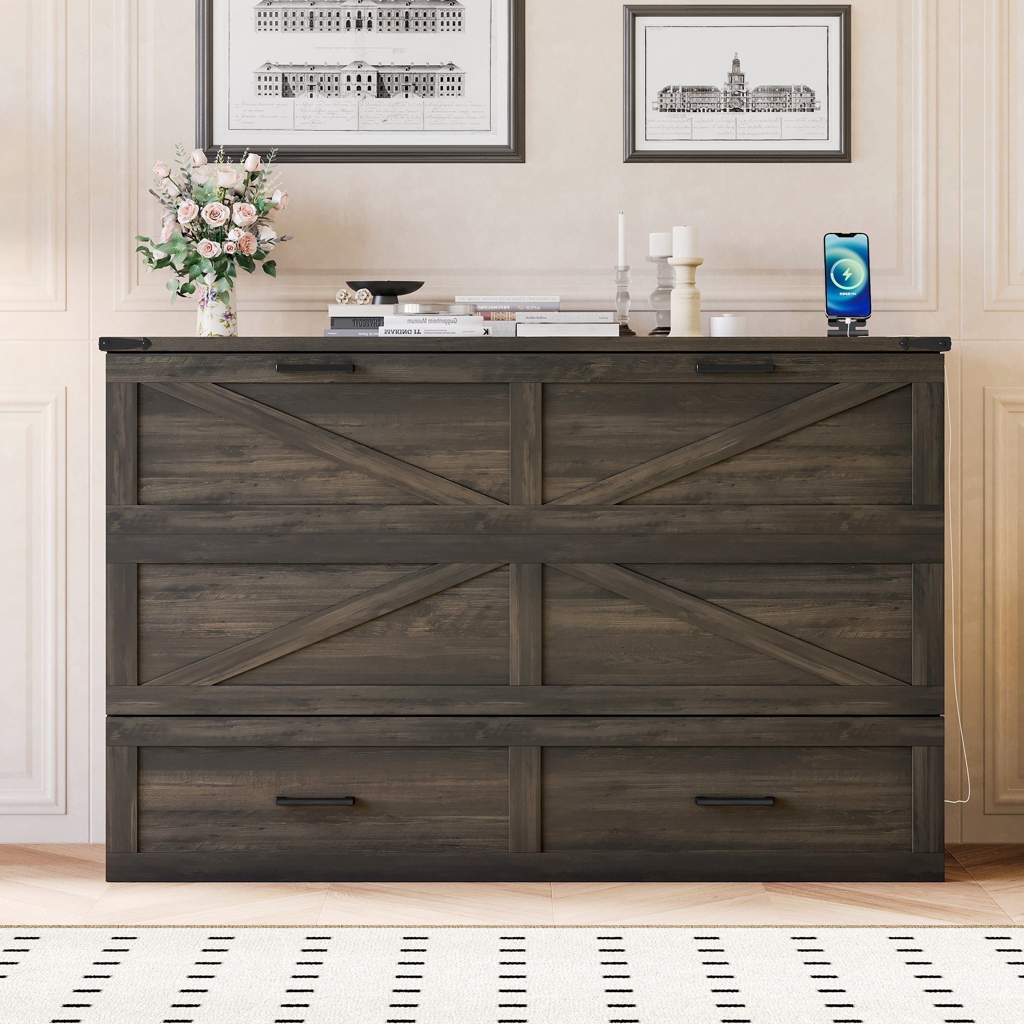 Queen Size Farmhouse Murphy Cabinet Bed with Charging Station, Foldable Platform Bed with Large Storage Drawer for Guest-Room, Small Bedroom, White(Old SKU: N733S237837W)