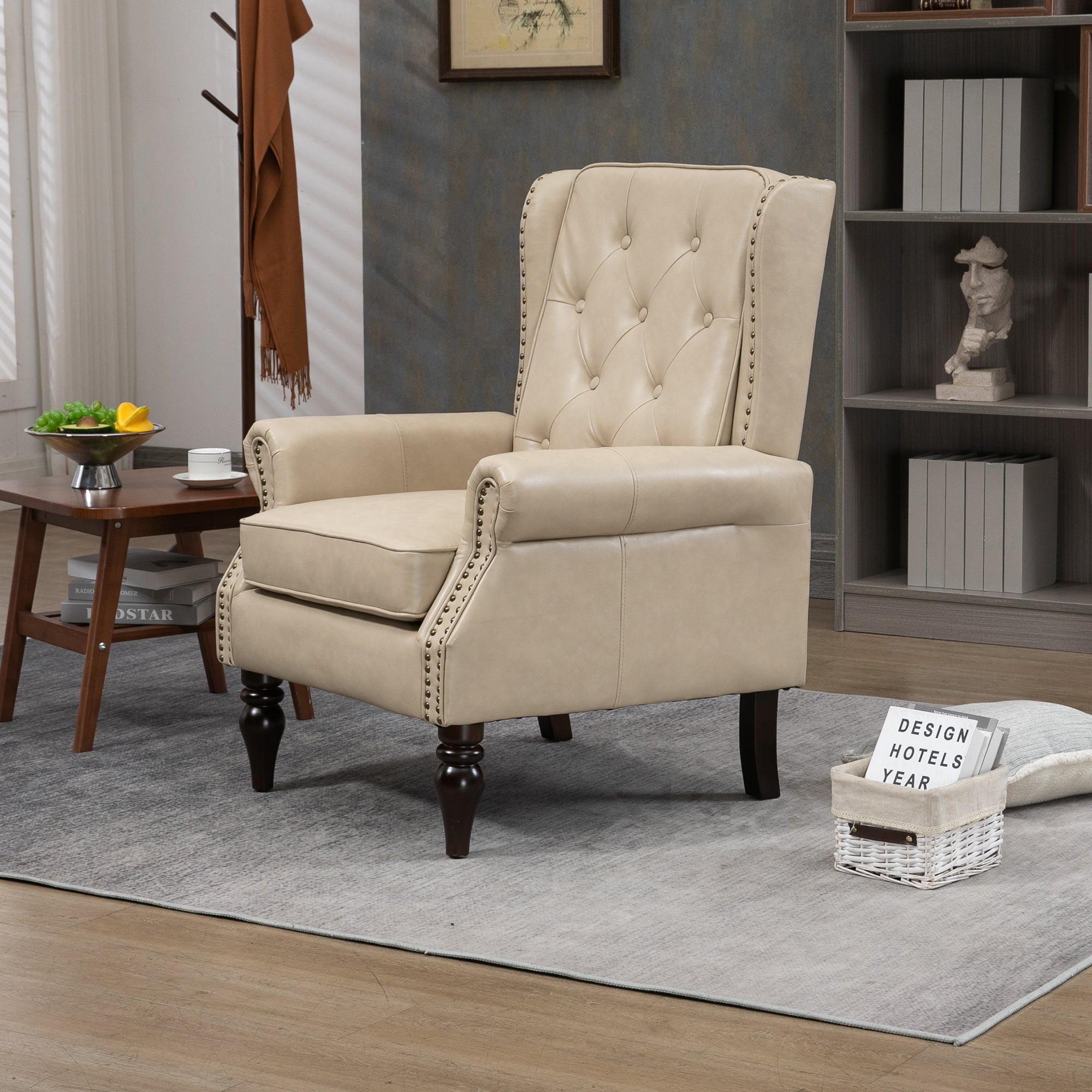 Camel leather accent chair in bedroom