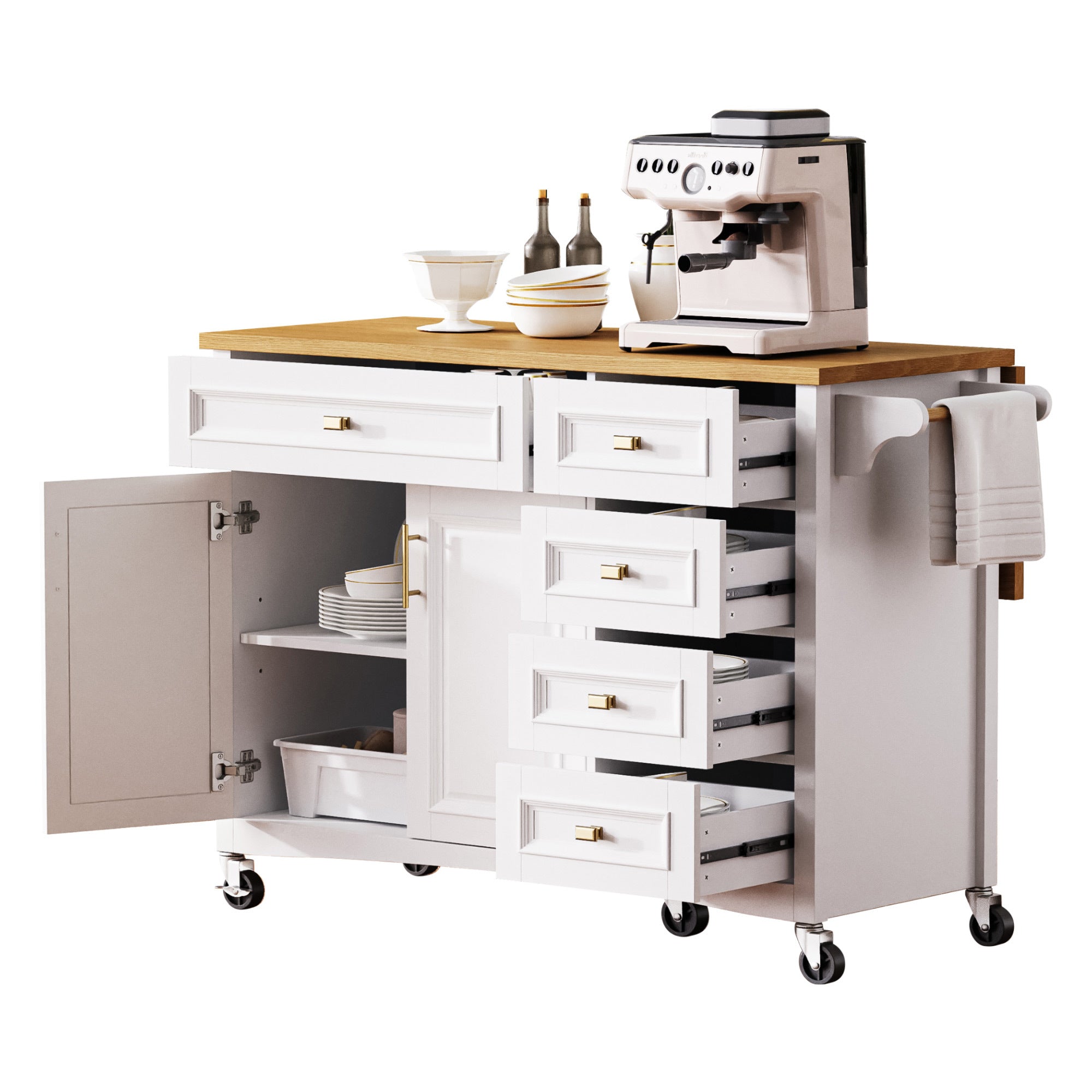K&K 52'' Kitchen Island with Drop Leaf, Embossed Texture Kitchen Island on Wheels with Spice Rack, Towel Rack, 2 Doors and 5 Drawers, Kitchen Storage Cart with Adjustable Shelf for Kitchen, Blue Grey