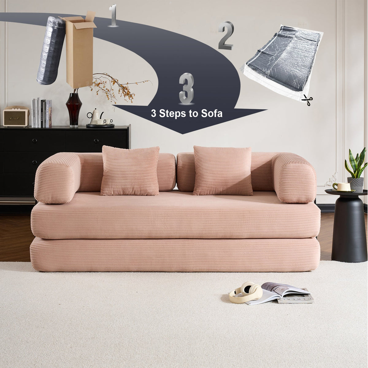 Convertible Sleeper Sofa Bed with Cylindrical Pillow, Corduroy Folding Mattress Couch with Fixed-Shape Frame, Floor Sofa Lounge Couch for Living Room Bedroom Black