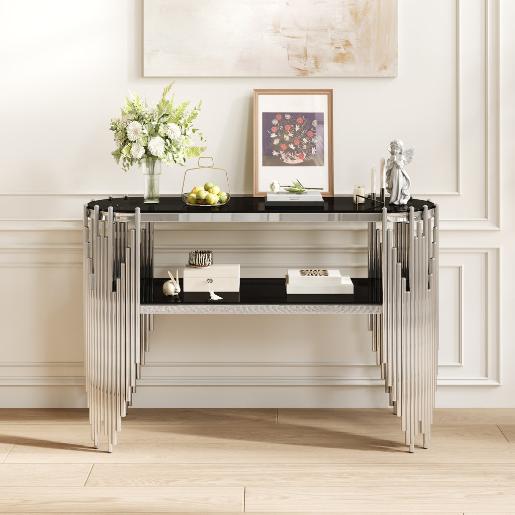 47 inch silver stainless steel console table 2-tier black glass