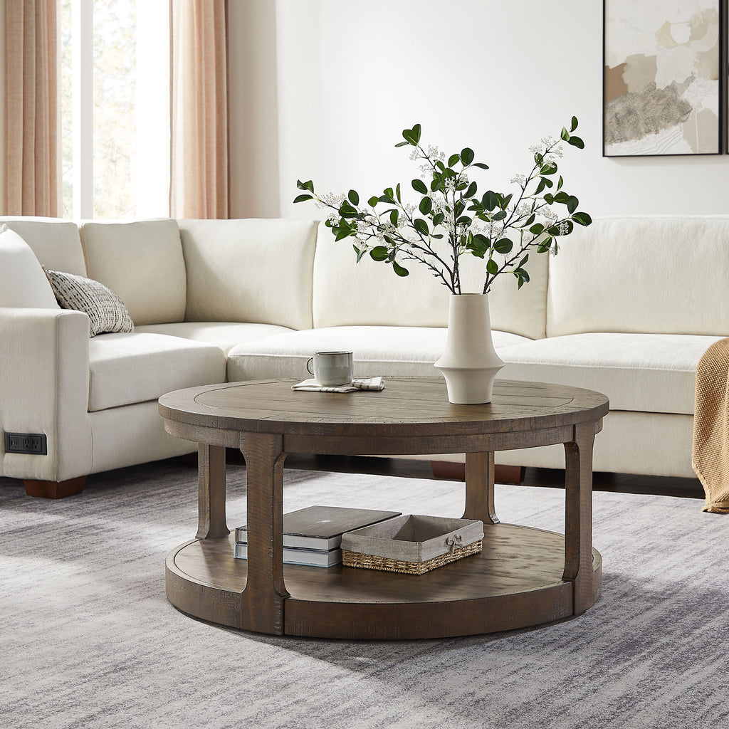 Rustic round center table pine wood veneer texture detail