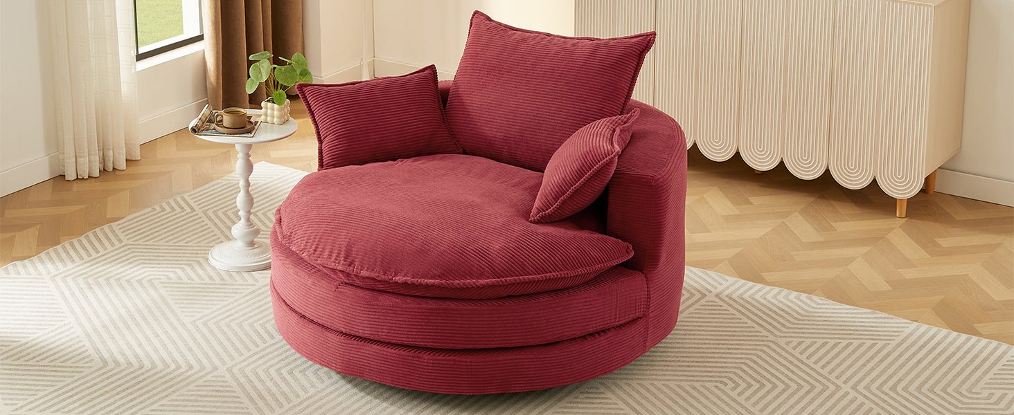Corduroy Swivel Barrel Chair — 360° with Removable Pillows