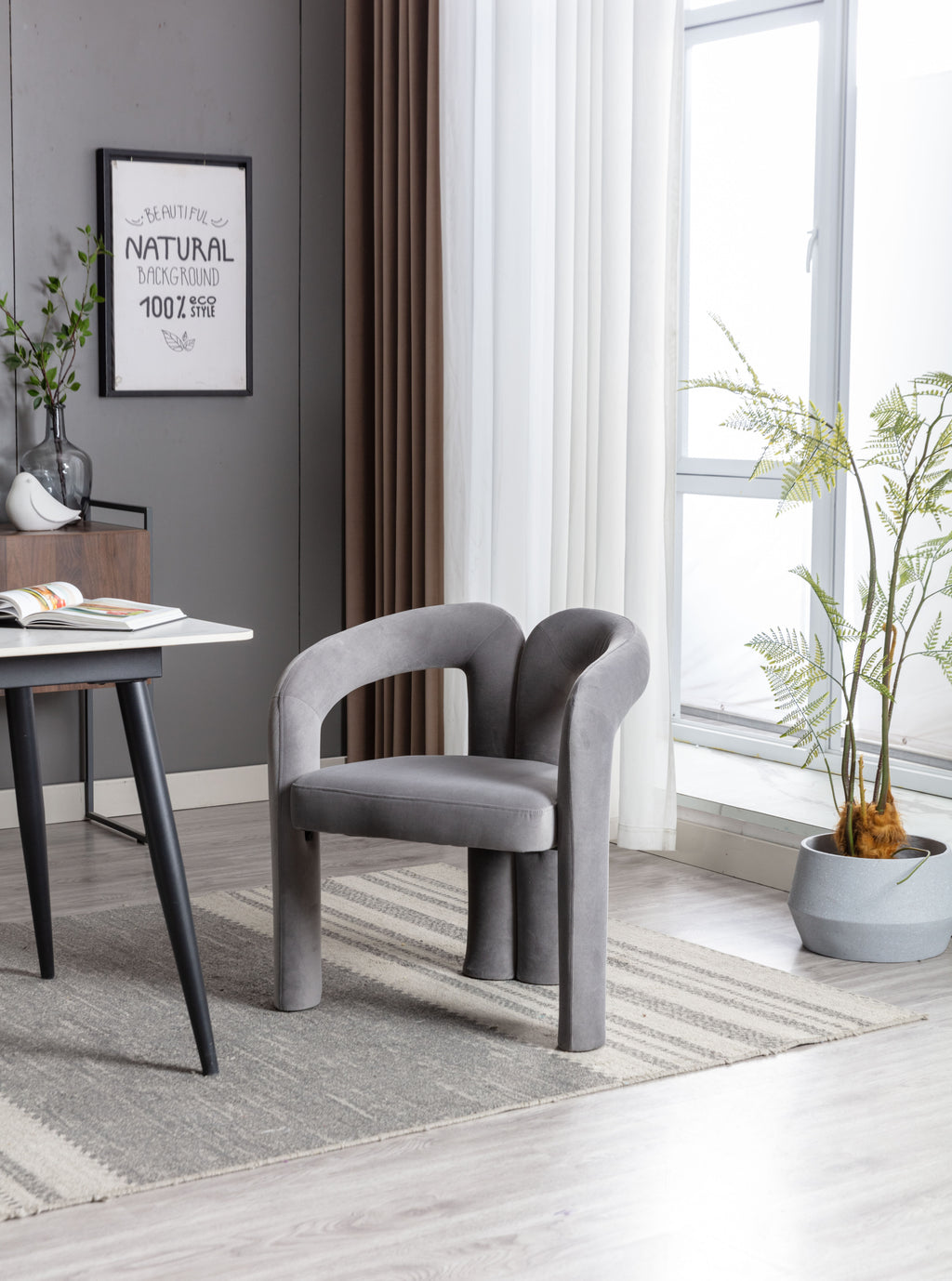 Modern gray velvet dining chair with elephant-foot legs
