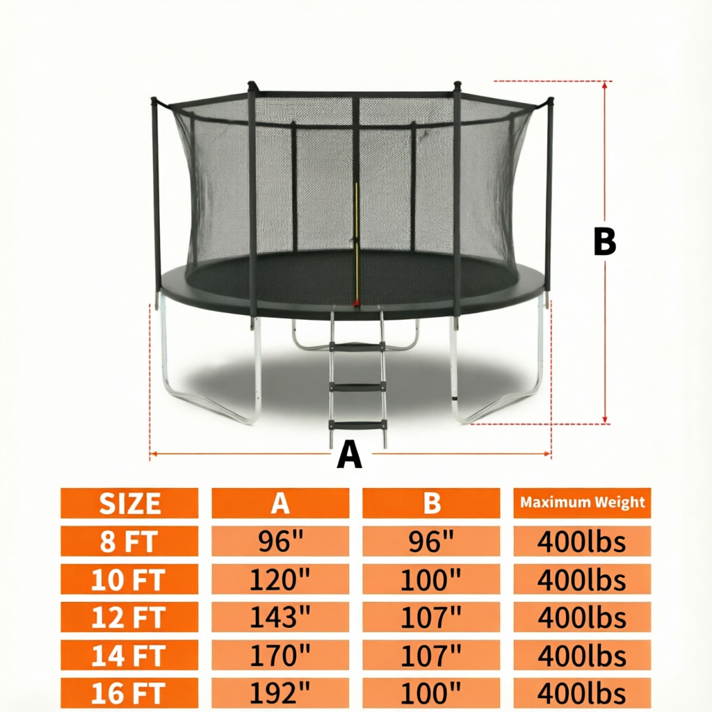 Black outdoor trampoline with safety enclosure net