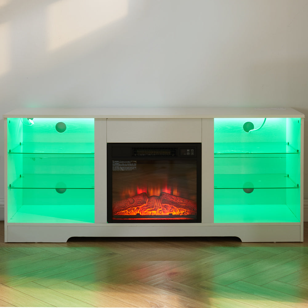 TV Stand with Electric Fireplace — Glass Shelves & USB Outlets for TVs Up to 62"