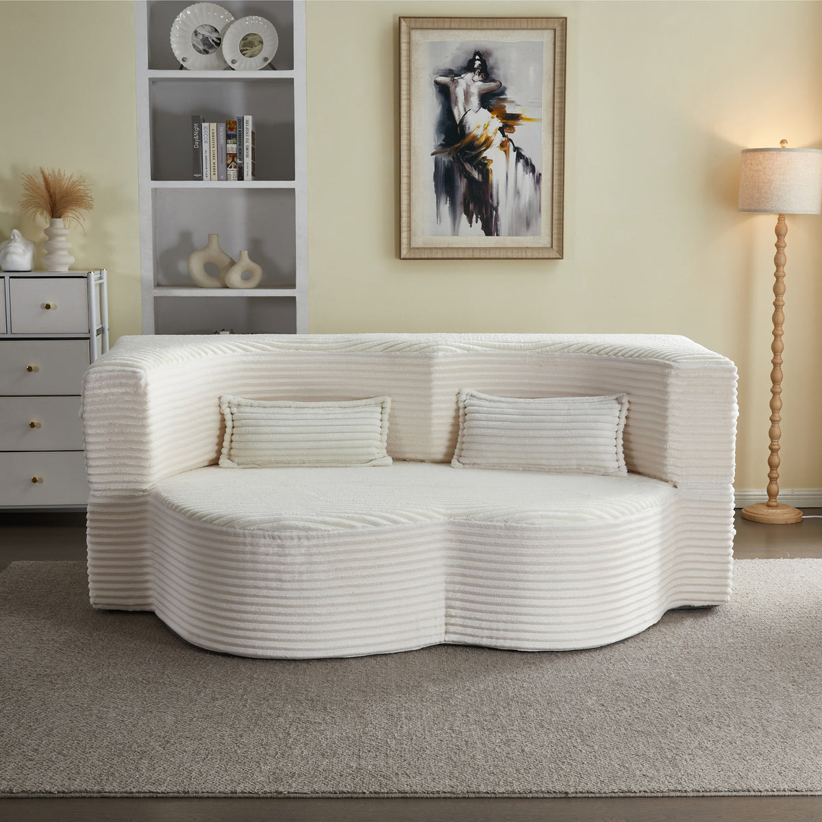 Modern Floor Sofa with 2 Pillows, Convertible Plush Corduroy Foam-Filled Sleeper Sofa Bed,15 ' Full Size Folding Mattress for Living Room, Guest Bed, no assembly required, Light Grey