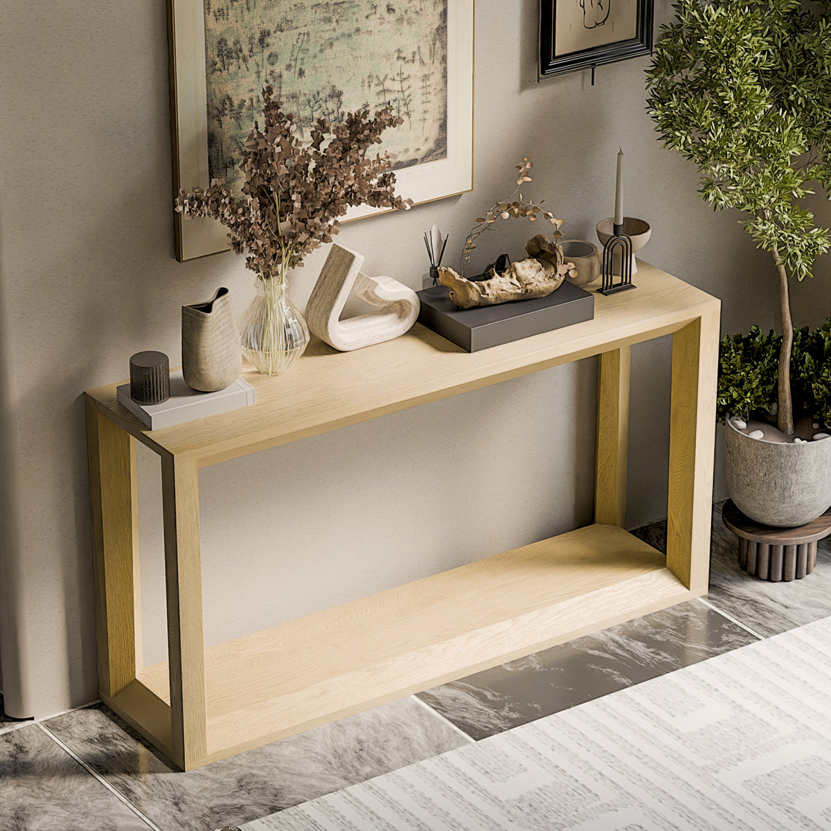 60' Rectangular Solid Wood Veneer Console Table, Wide Sofa Table, Behind Couch Table with Ample Storage for Entryway & Living Room, Dark Brown