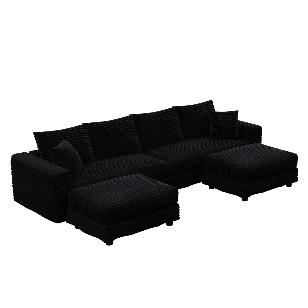 102.4 'Plush Corduroy 4-Seat Sofa,Modern Comfy Upholstered Sofa Cloud Couch,Deep Seat Couches with Soft Pillows and 3 Ottomans,Convertible Sofa Lounge Chair,Black(Old SKU:W1885S00287)