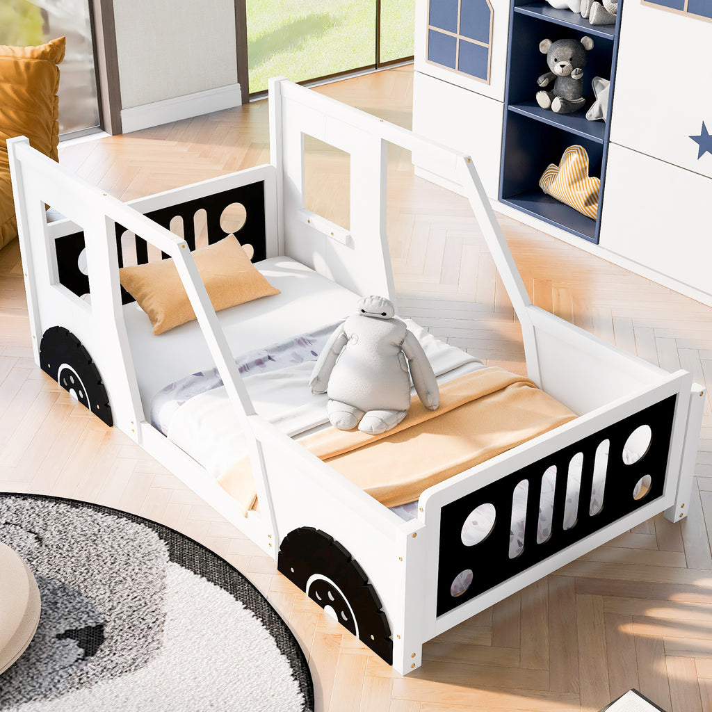 White car-shaped platform bed headboard detail