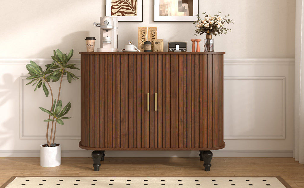 39' Fluted Liquor & Coffee Bar Cabinet with 6 Wine Racks and 3 Glass Holders, Mid-Century Modern Bar Cabinet with A Large Storage Drawer ,4 Hidden Storage Space on the Side , Black