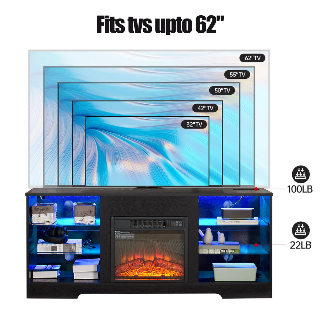 TV Stand with Electric Fireplace — Glass Shelves & USB Outlets for TVs Up to 62"