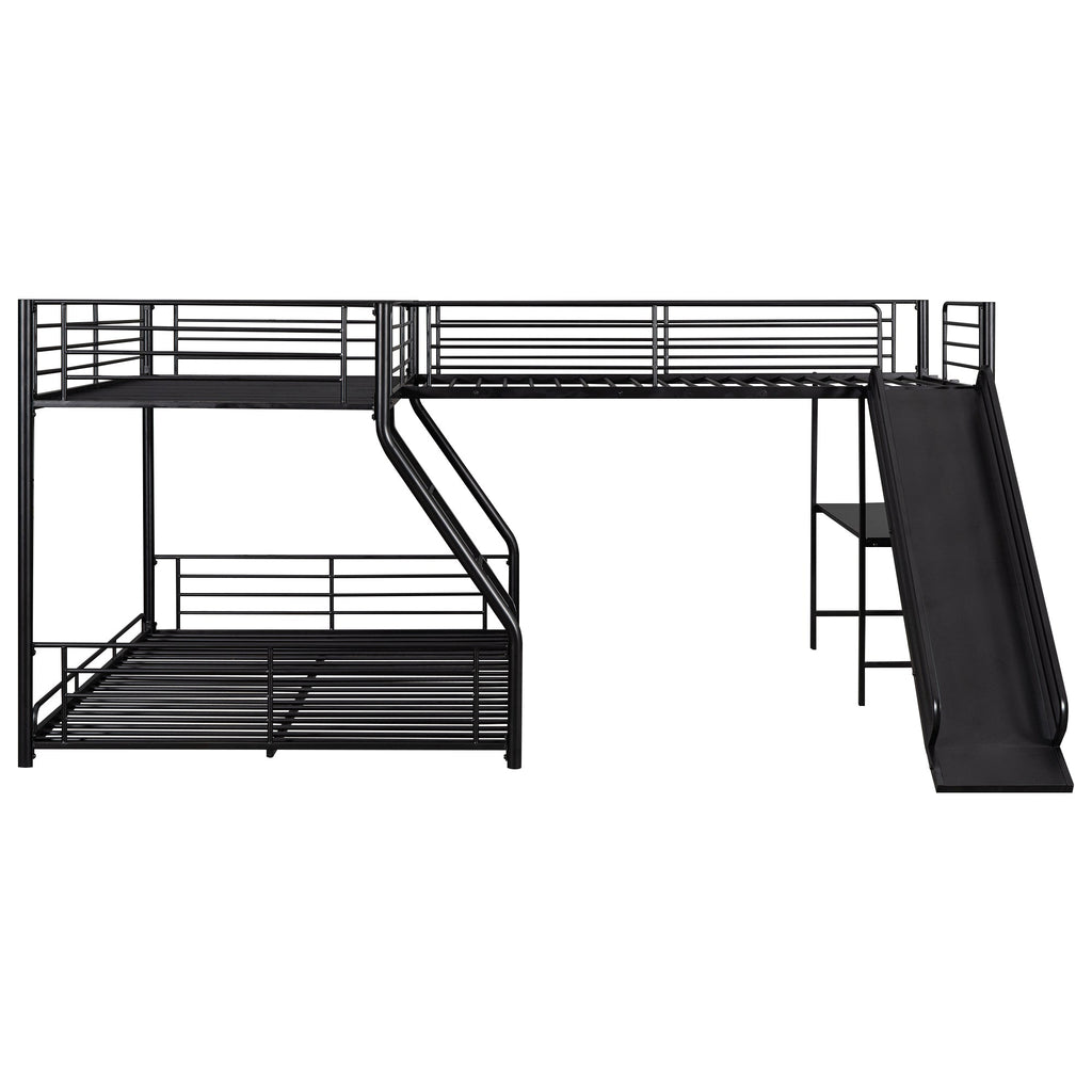 Black L-Shaped Twin over Full Bunk Bed with Twin Loft, Desk & Slide — Metal & MDF