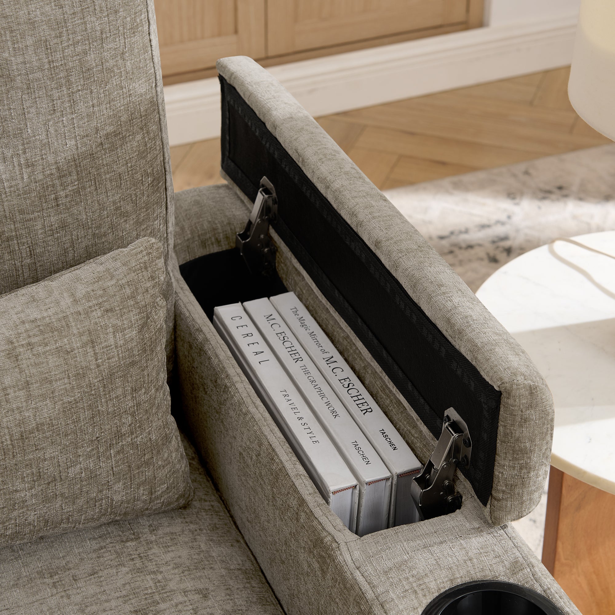 Brown single-seat recliner three-quarter view