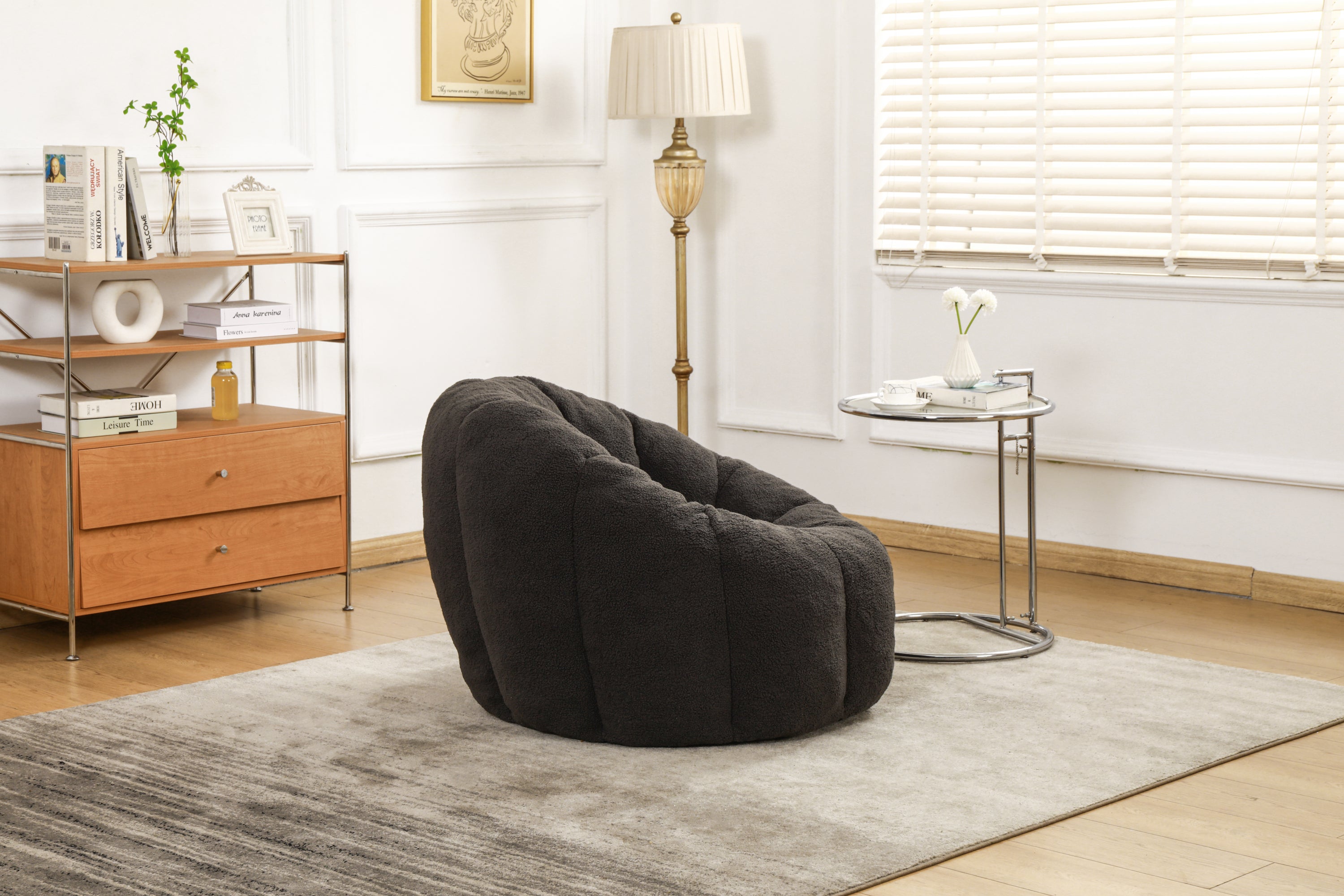 Dark gray teddy faux fur bean bag in dorm room