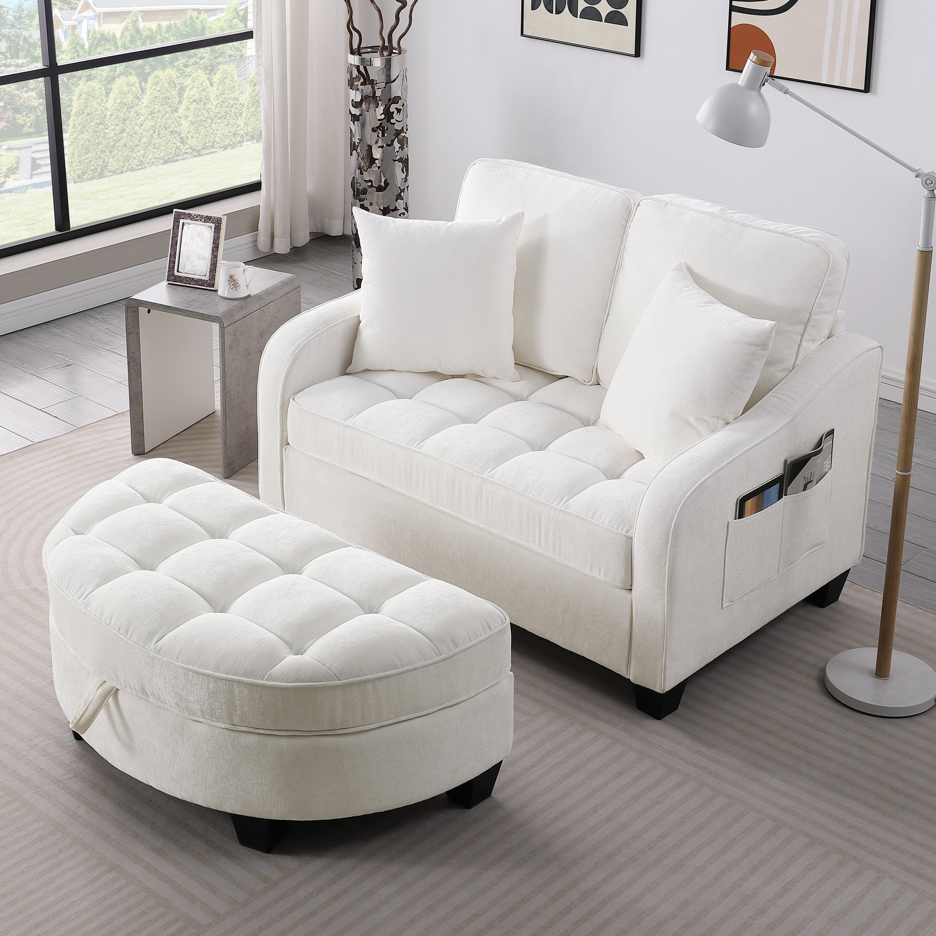 Corduroy 2-Seater Sofa Chaise — Storage Footrest & 2 Pillows, 42.7" Wide