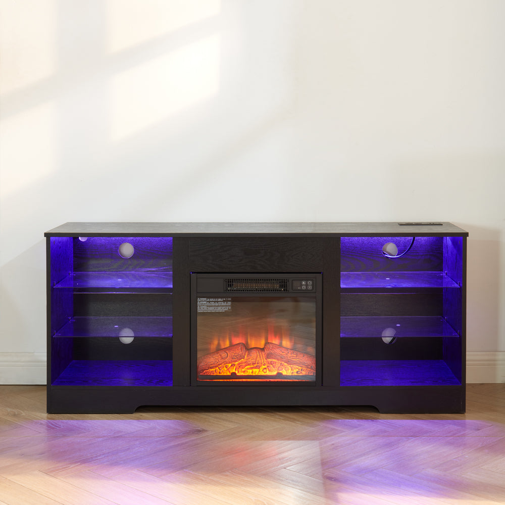 TV Stand with Electric Fireplace — Glass Shelves & USB Outlets for TVs Up to 62"