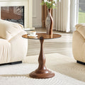 Walnut grain round metal side table brown glass top — front view