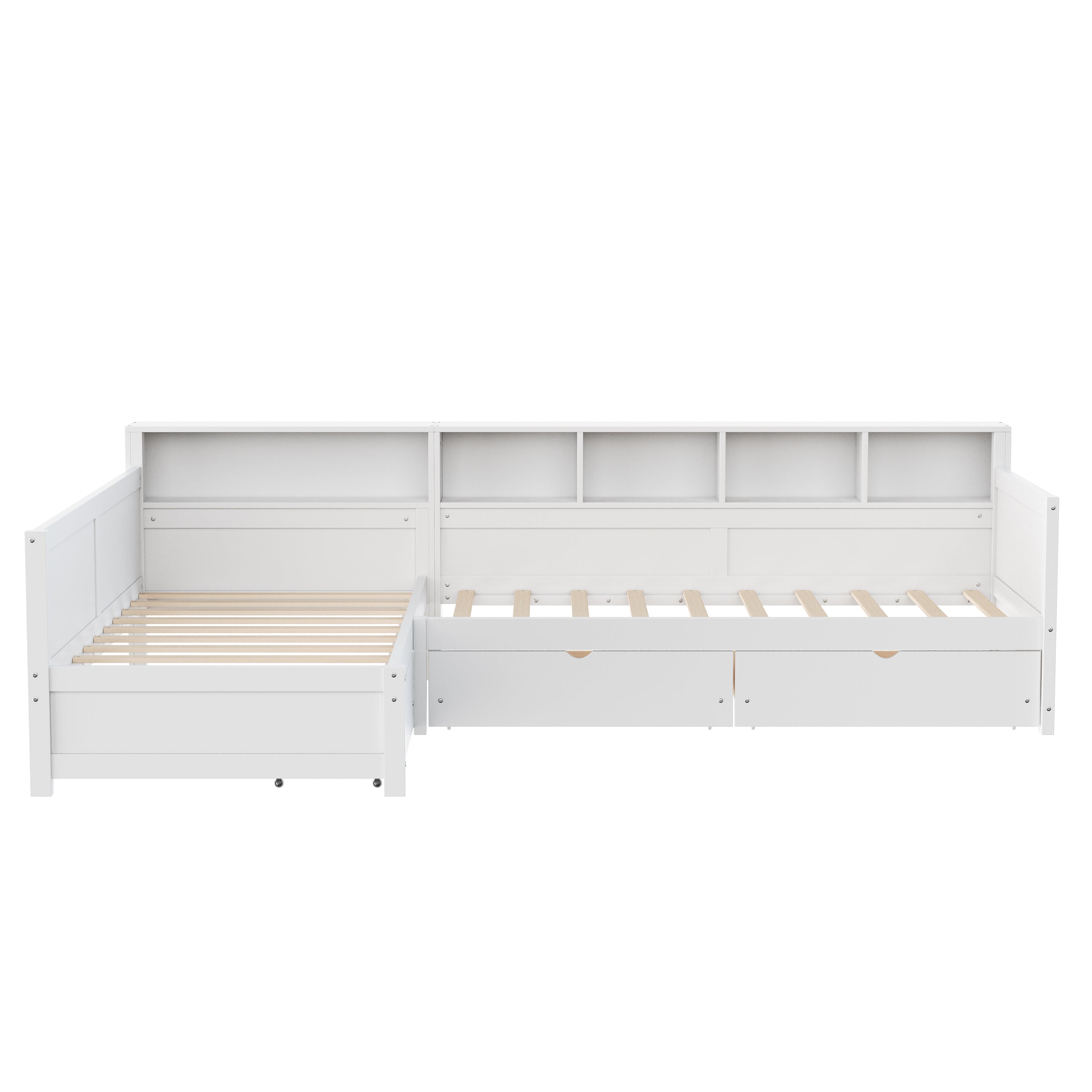 Twin Size Day Bed for 2, L- Shape Twin Size Bed Frame with Storage 3 Drawers, Wooden Corner Bed with Bookshelf, Corner Bed Frame For Bedroom, Living Room,Grey