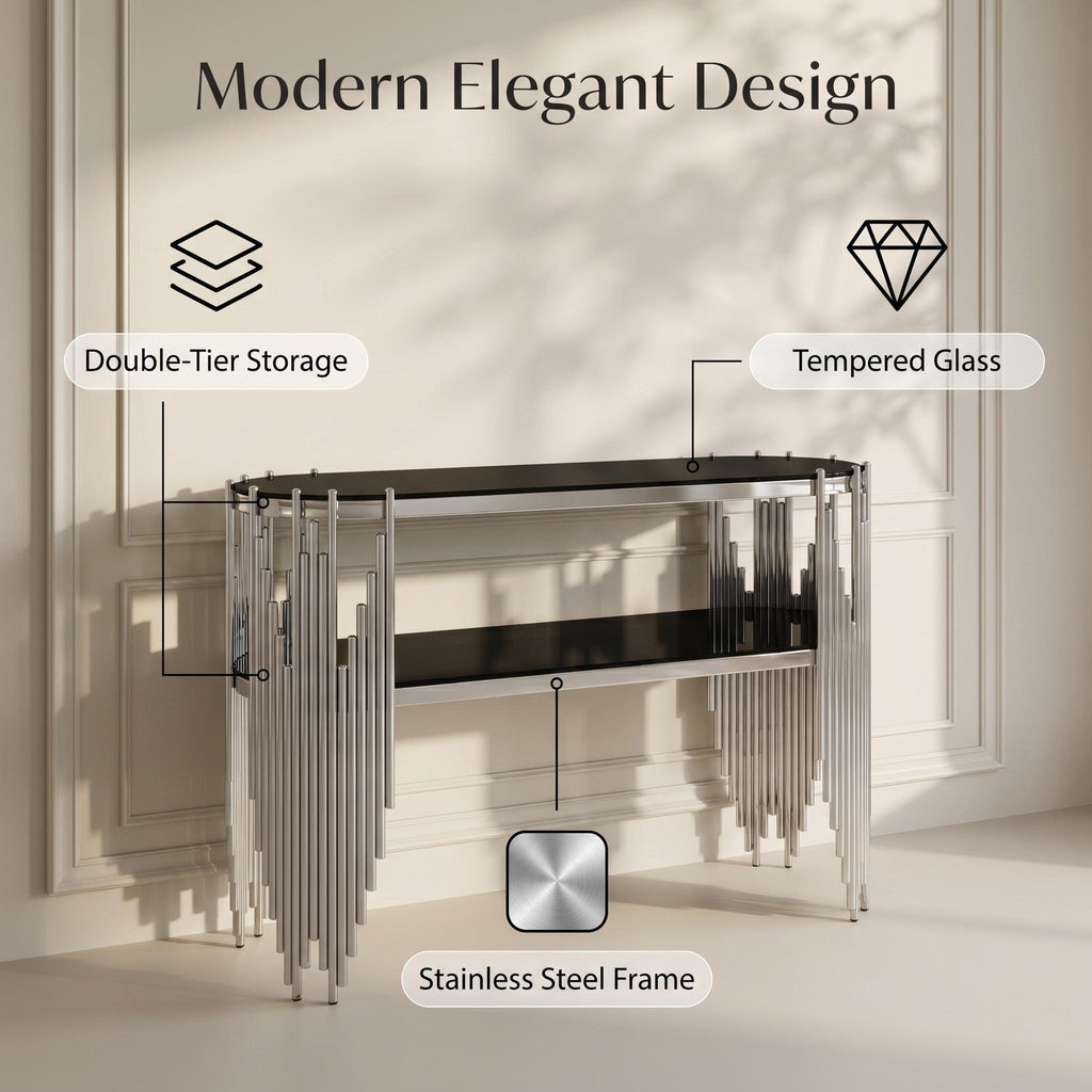 Silver oval sofa table behind couch living room display