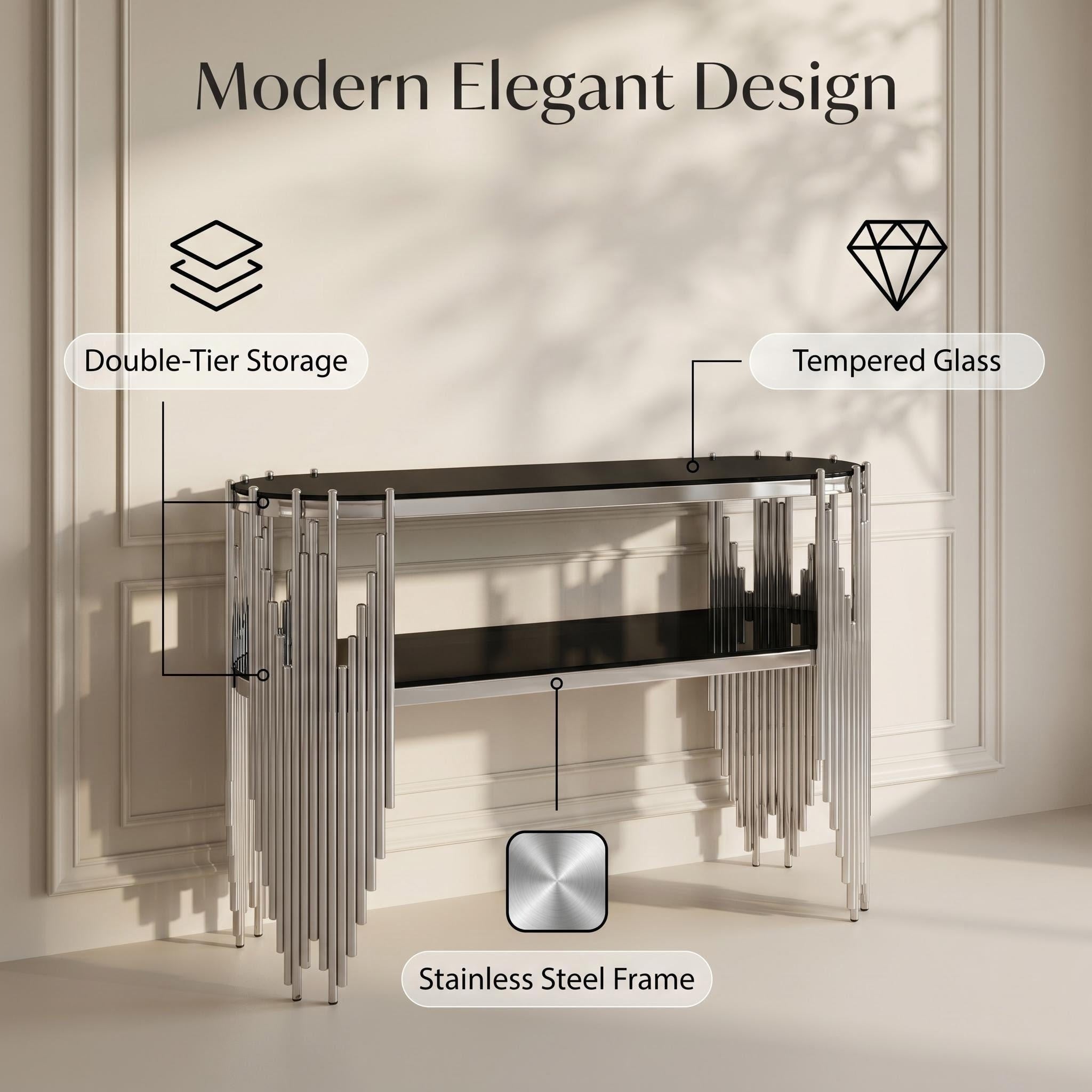 Silver oval sofa table behind couch living room display