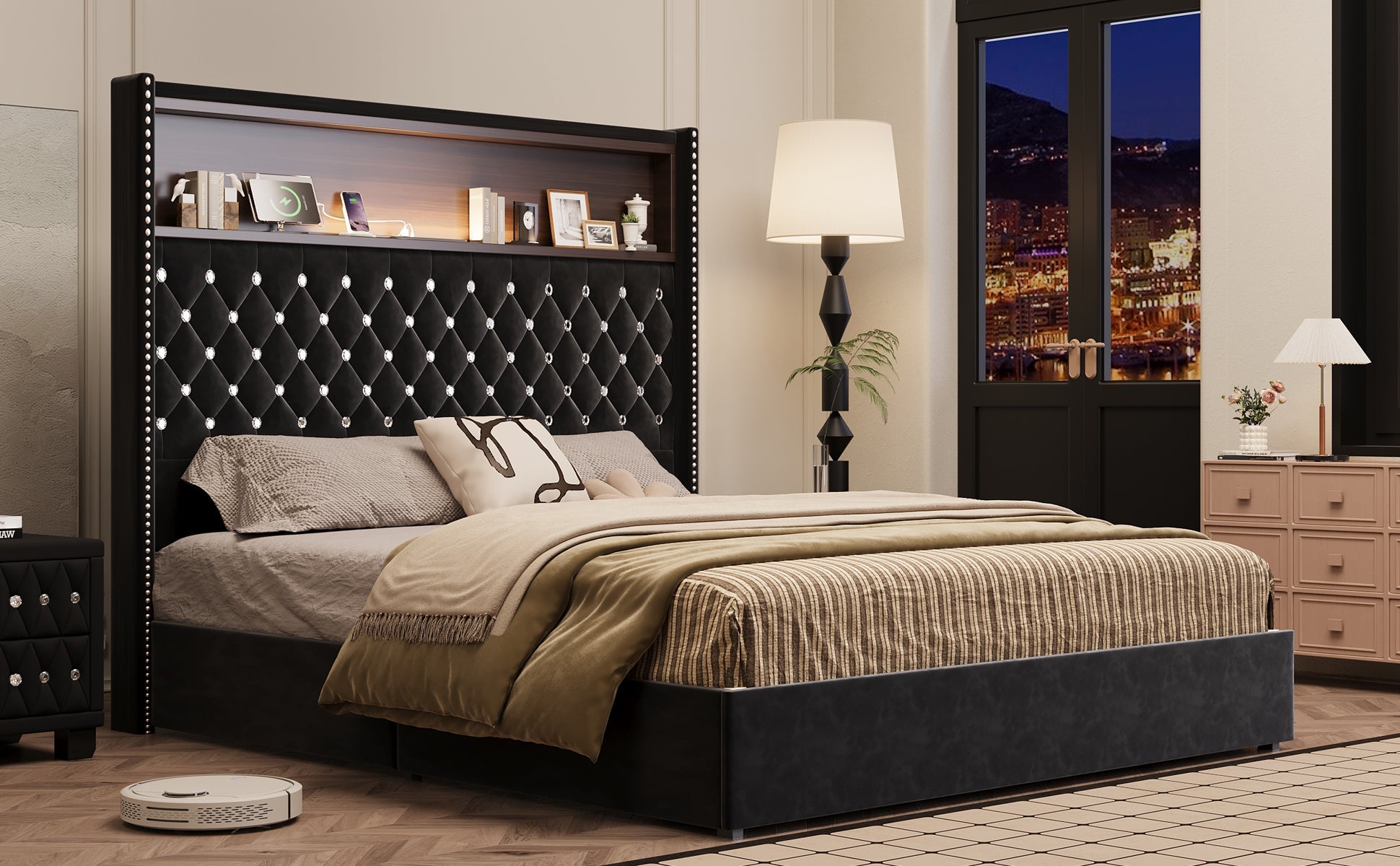 Queen Size Velvet Tufted Soft Bed Frame with USB Port and Night Light,52'' High Headboard with Rivet Decoration, Wing-back Platform Bed with Headboard Shelf, Beige