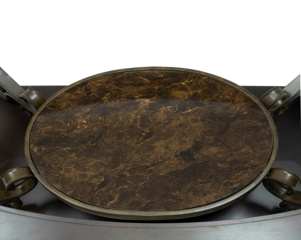 Glass-top cocktail table marble-paper middle shelf close-up