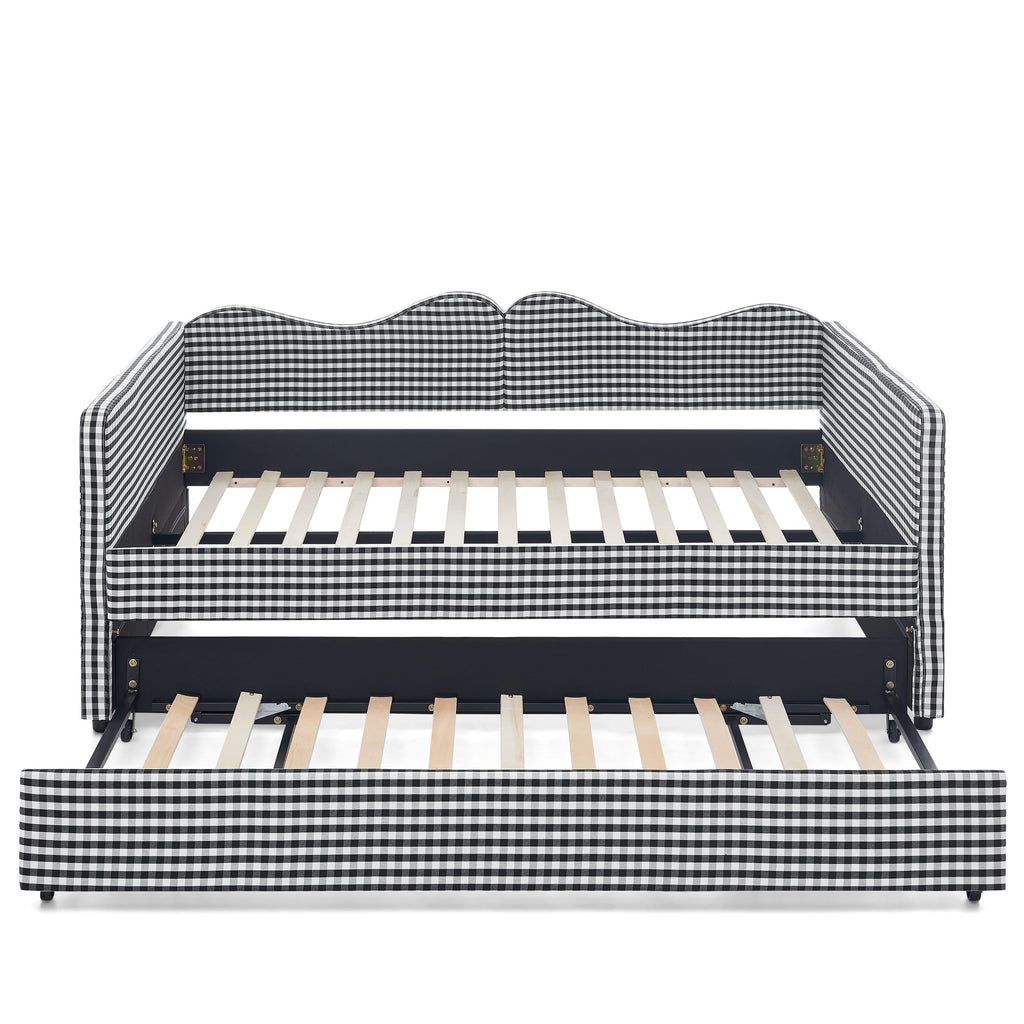 Full‑Size Daybed,Gingham Upholstered Daybed Equipped with Pull-Out Trundle Bed Frame & Side Storage Pocket, Solid Wood Frame Multi-Functional Sofa Bed for Kids Room & Guest Bedroom-PINK
