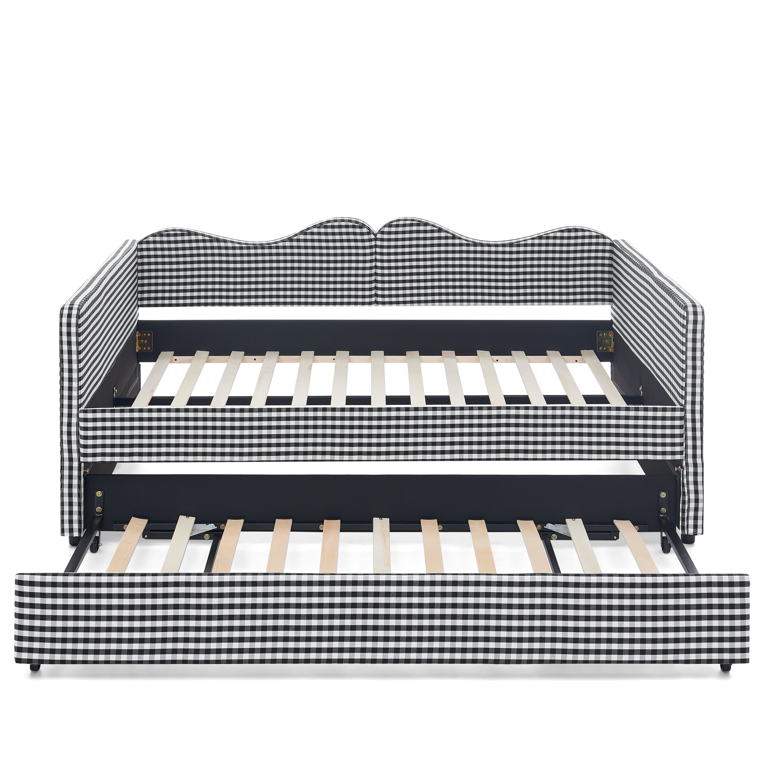 Full‑Size Daybed,Gingham Upholstered Daybed Equipped with Pull-Out Trundle Bed Frame & Side Storage Pocket, Solid Wood Frame Multi-Functional Sofa Bed for Kids Room & Guest Bedroom-PINK