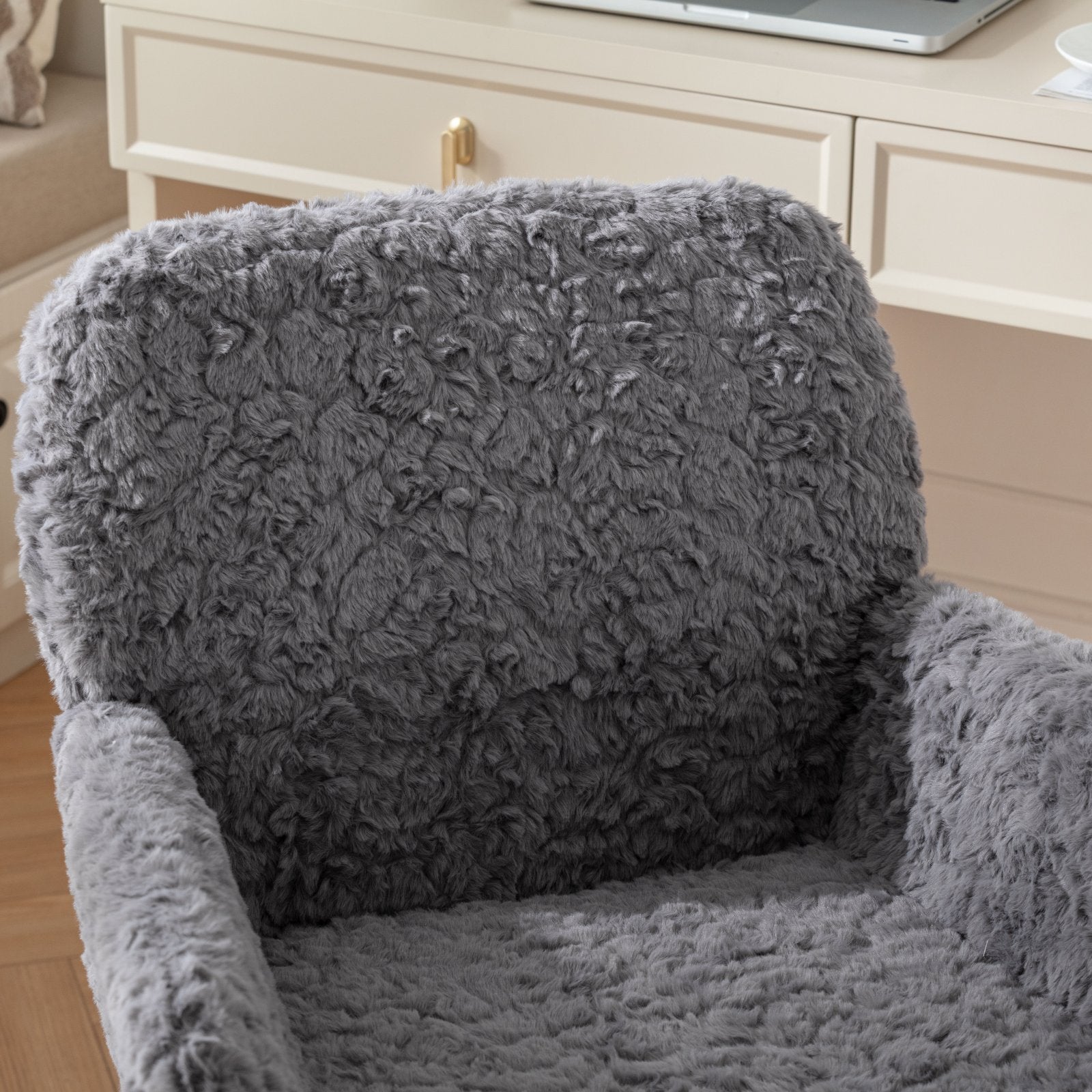 Faux Fur Office Chair — 40° Reclining with Gold Metal Base & Wheels