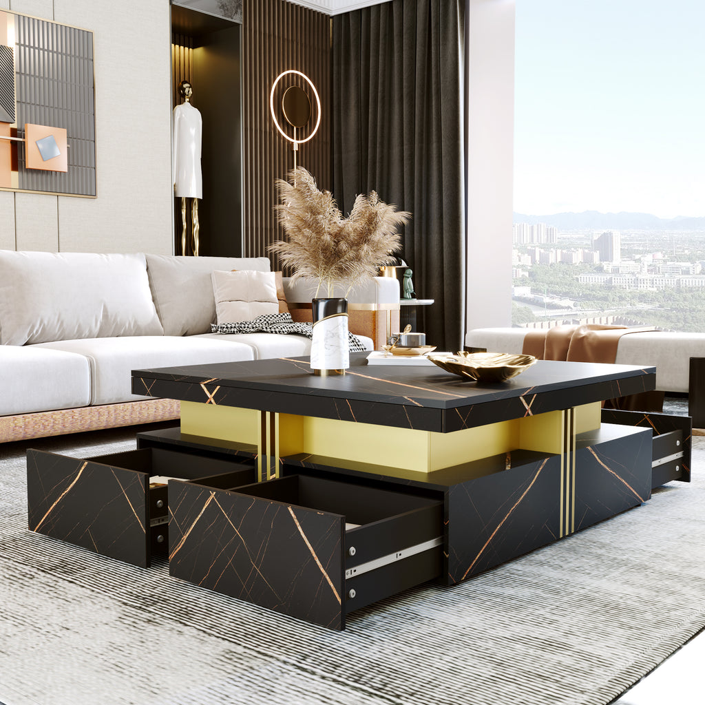 Square coffee table gold accent trim detail