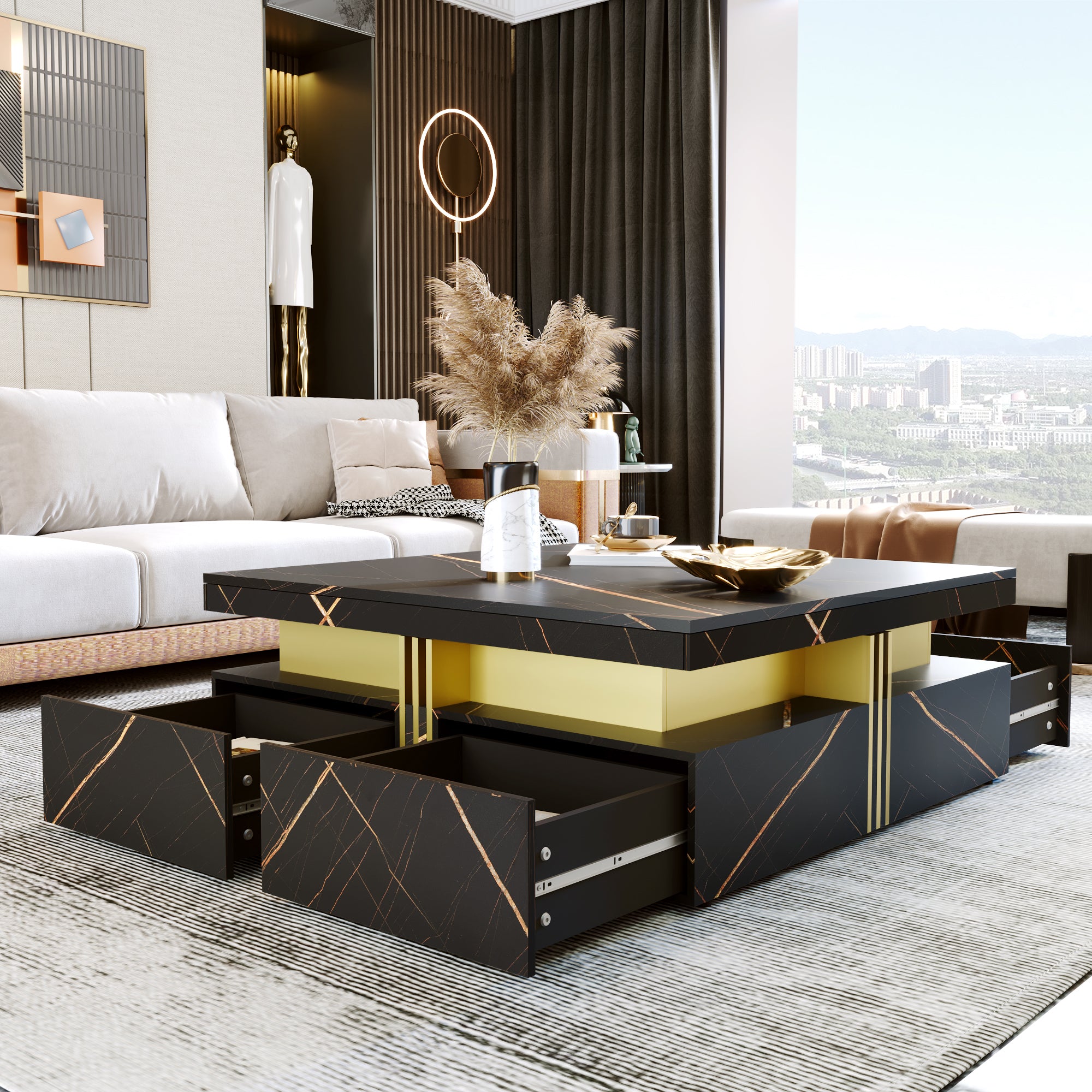 Square coffee table gold accent trim detail
