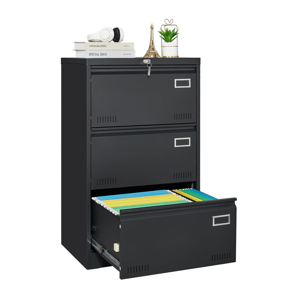 Black 3-drawer metal lateral file cabinet with lock — front view