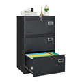 Black 3-drawer metal lateral file cabinet with lock — front view