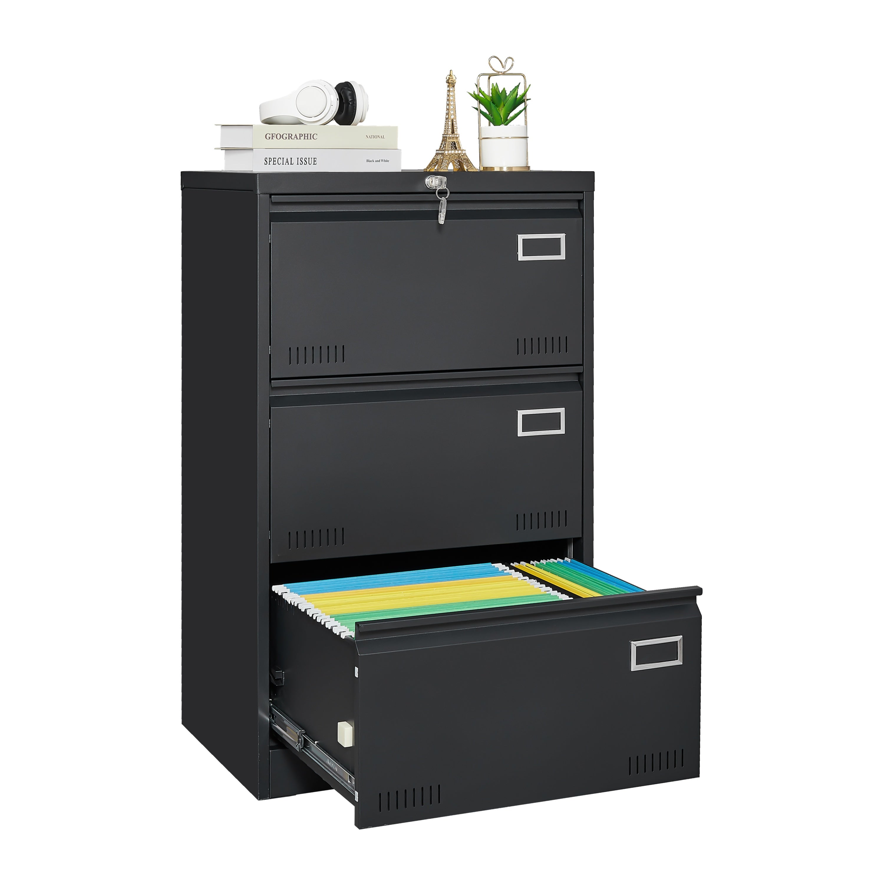 Black 3-drawer metal lateral file cabinet with lock — front view