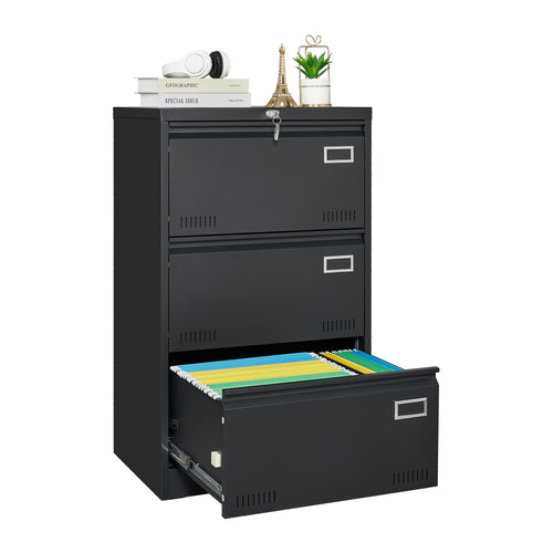 Black 3-drawer metal lateral file cabinet with lock — front view