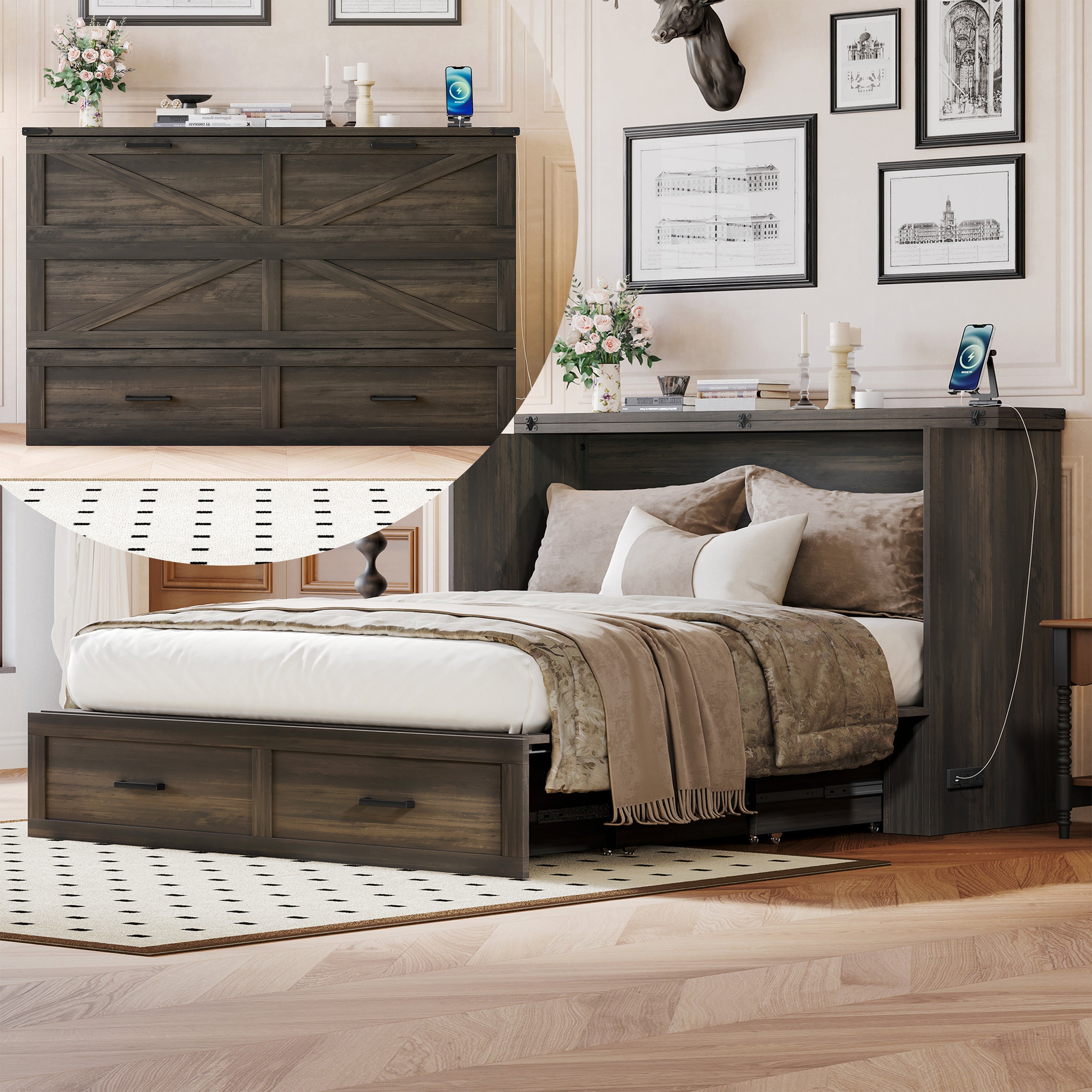 Queen Size Farmhouse Murphy Cabinet Bed with Charging Station, Foldable Platform Bed with Large Storage Drawer for Guest-Room, Small Bedroom, White(Old SKU: N733S237837W)