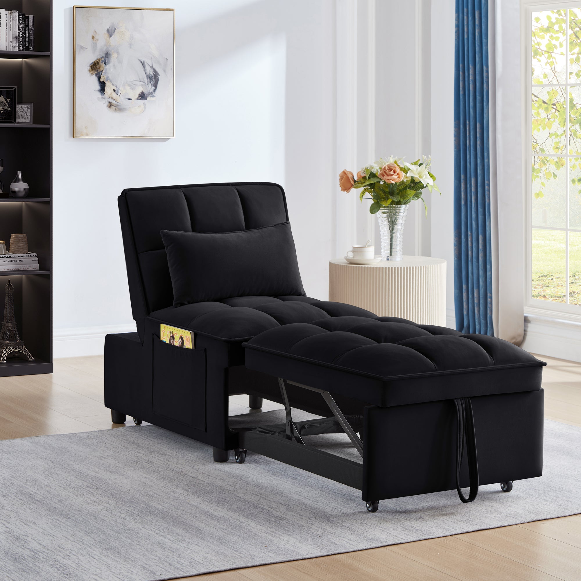 Black velvet convertible sofa bed with storage — front view