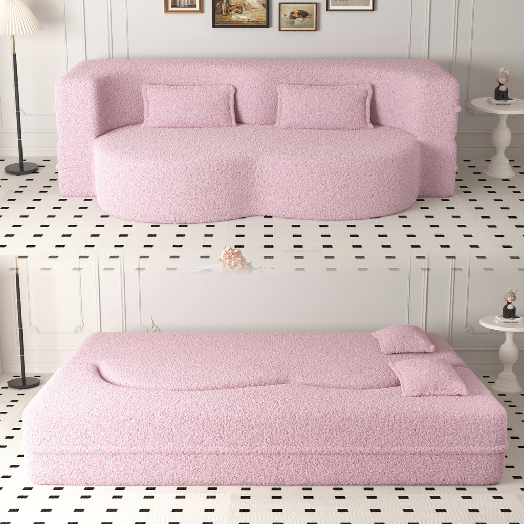 Pink sherpa fleece foldable floor sofa bed — front view