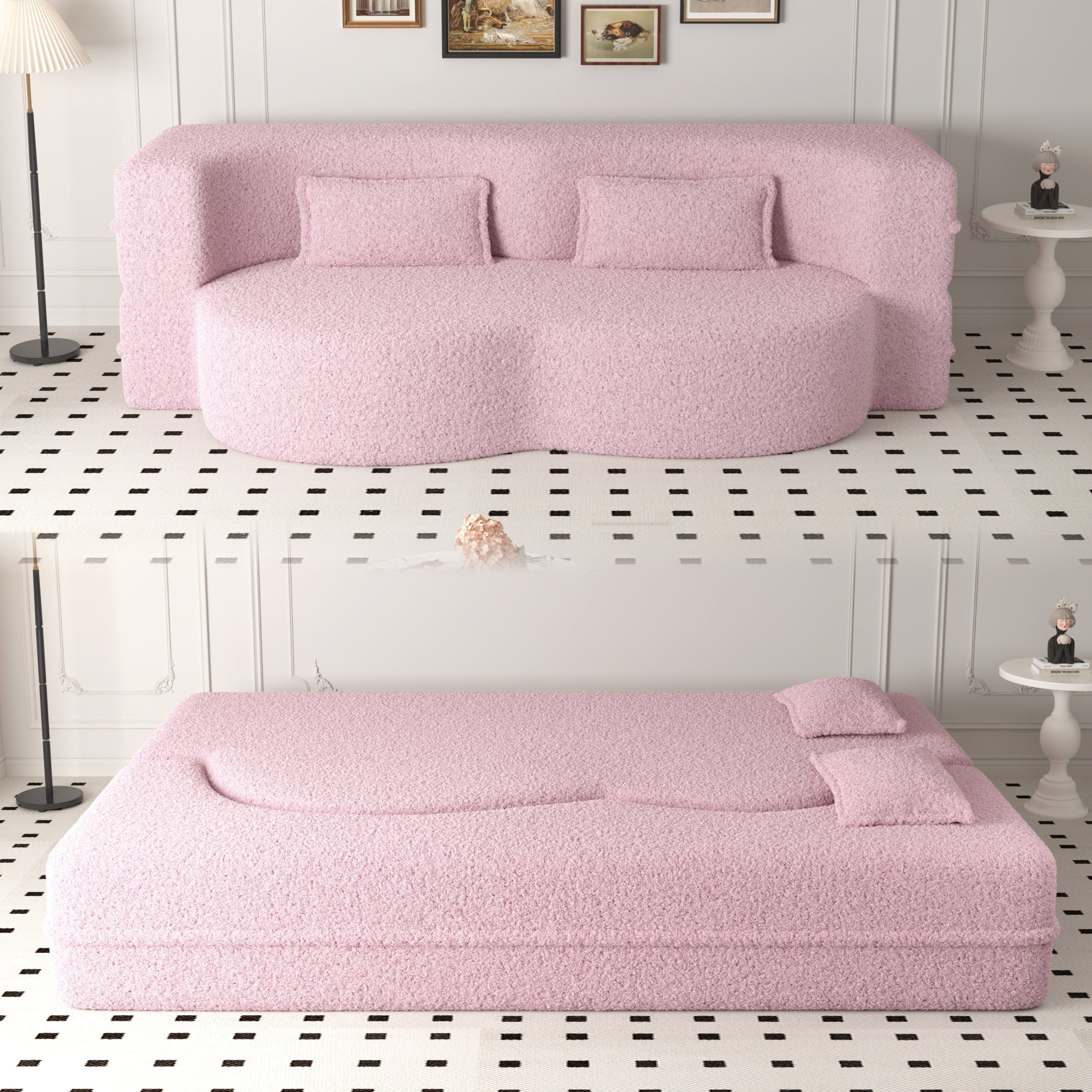 Pink sherpa fleece foldable floor sofa bed — front view